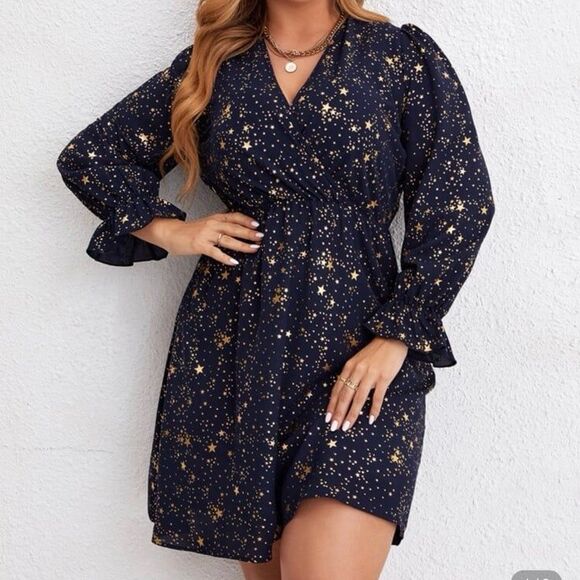 SHEIN Curve Navy Blue Gold Star Print Dress Plus Size 2XL - Picture 1 of 11